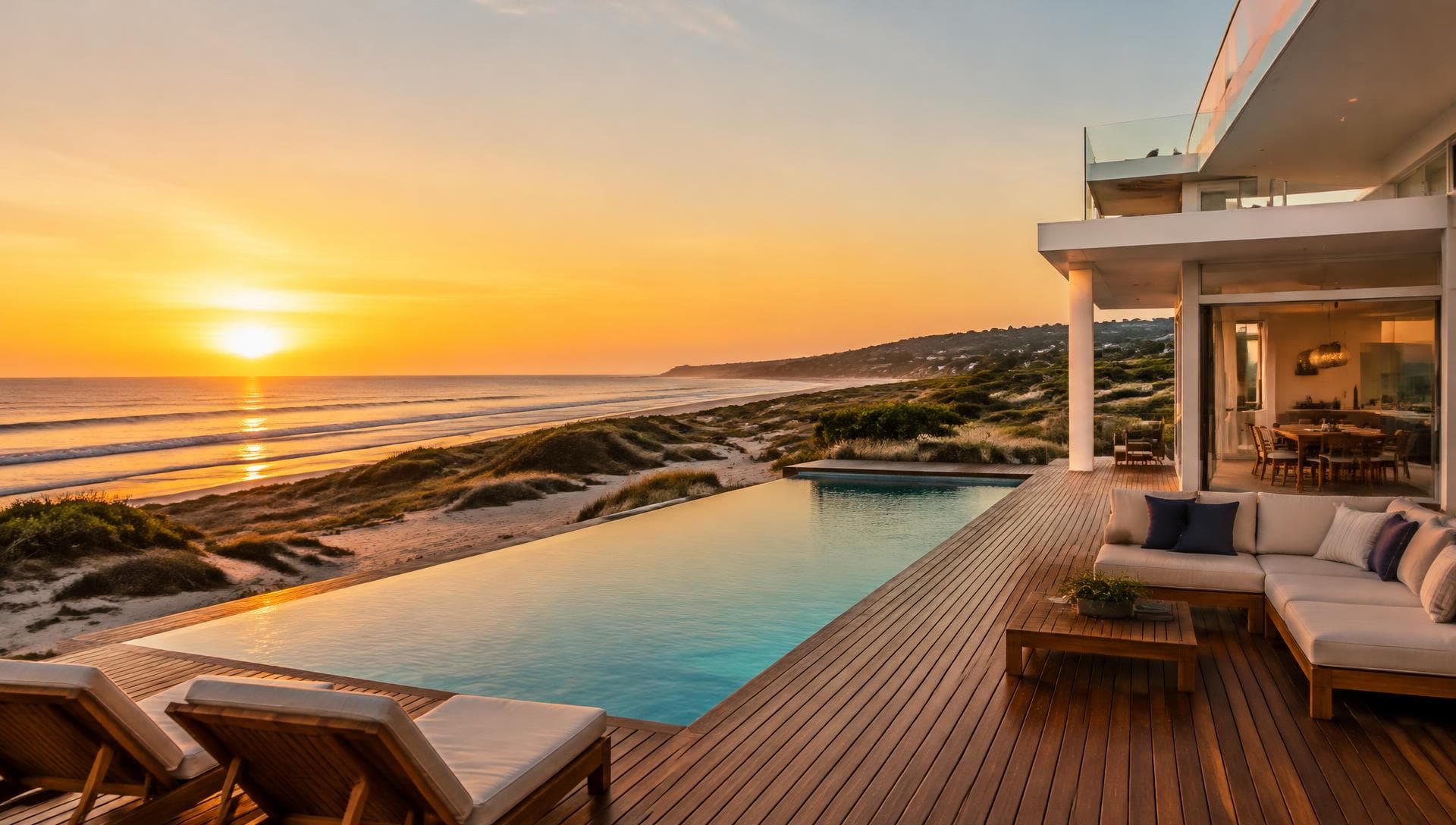 Casa de praia com piscina e vista para o mar ao entardecer, no Litoral Norte